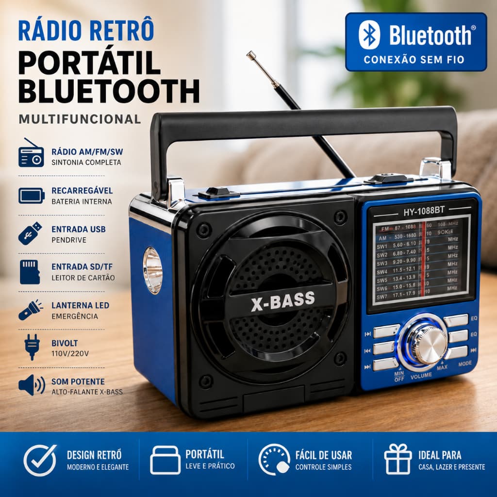 Rádio A Pilha E Tomada Am Fm Sw Bluetooth Pendrive Radinho Portátil Potente