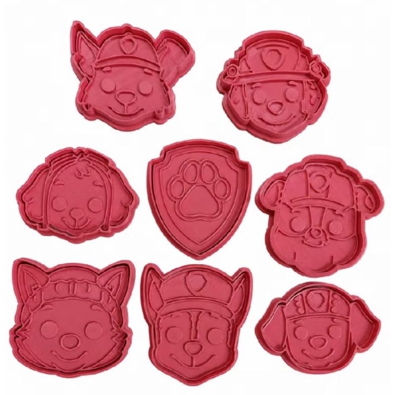 Kit 8 Cortadores de Biscoito com Puxador Tema Rosto Patrulha Canina 6cm / Personagens Completos Massinha, Bolo e Pão