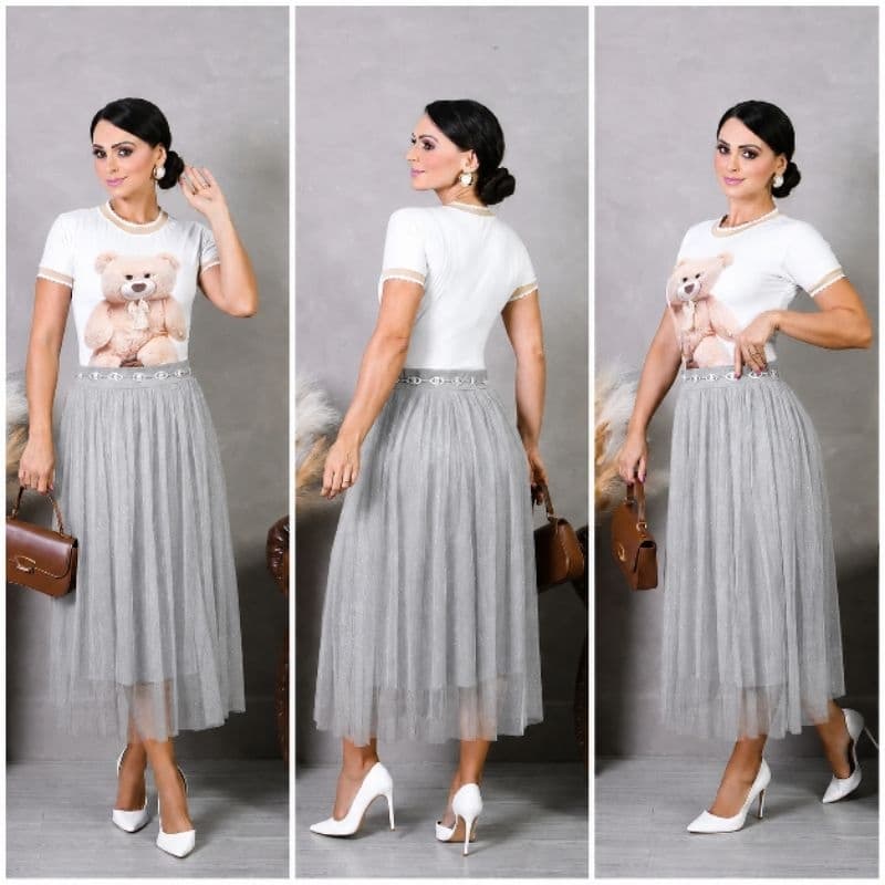 Saia Tule Com Glitter Feminina Moda Evangélica Elegante Luxo Premium Para Congressos, Eventos, Cultos e Festas