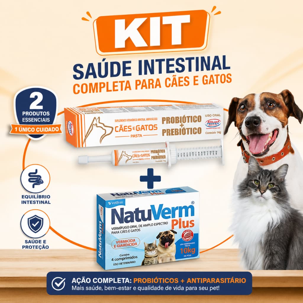 Kit Probiótico Prebiótico Alivet Vermifugo NatuVerm Plus Vermes Giardia Saúde e Equilibrio Intestinal Imunidade