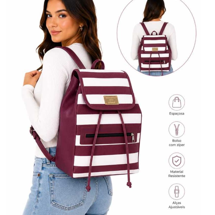 Bolsa Mochila Feminina  Media de Costas Courino Fashion com Alças Reguláveis Listrada