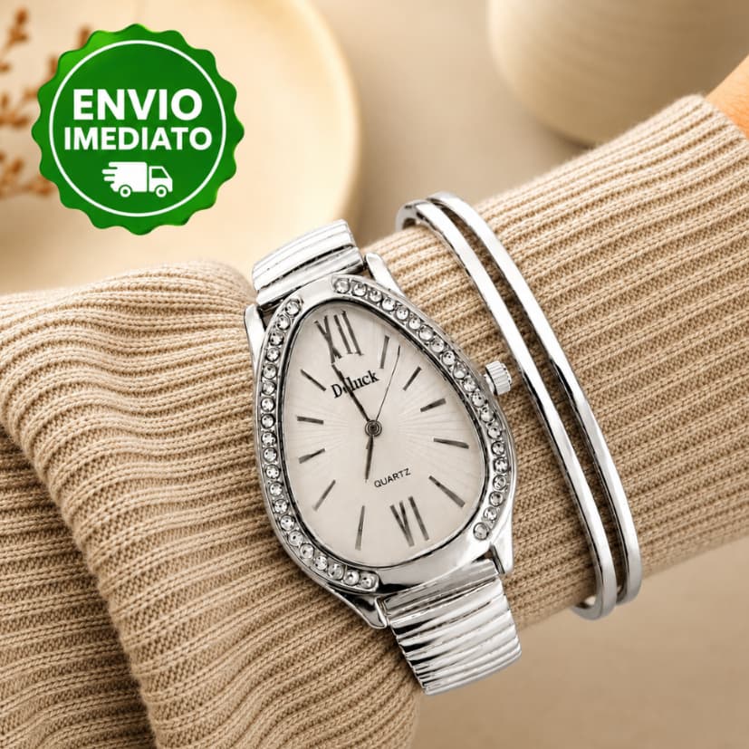 Relogio Feminino Oval com Strass Pulseira Kit Acessórios Femininos Relógio Conjunto Dourado Prata Dia das Mães