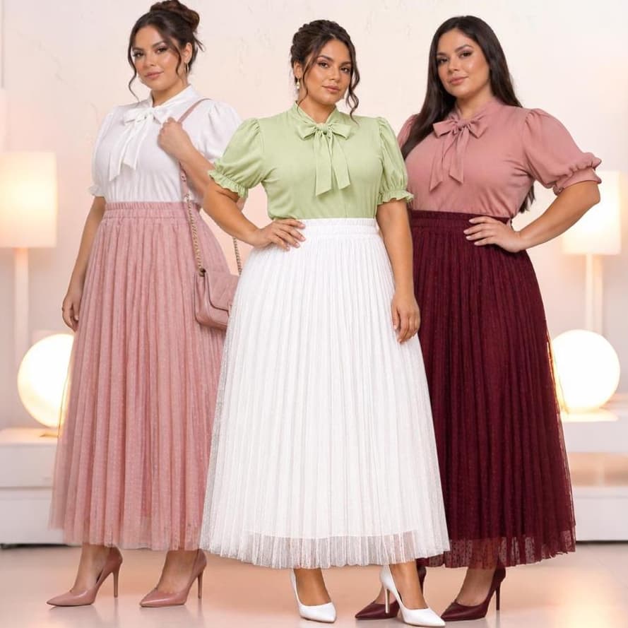 Saia Plus Size Longa Plissada Tule Poá Forro Helanca Light Moda Evangélica Elegante Tendencia Cristã