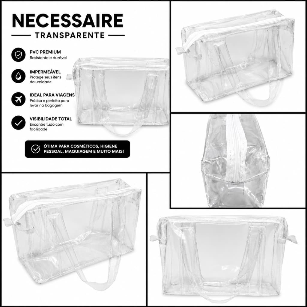 Necessaire Grande em PVC Cristal 0,25 mm Transparente com Zíper e Alças 34x20x12 cm  Reforçadas Organizadora Multiuso !