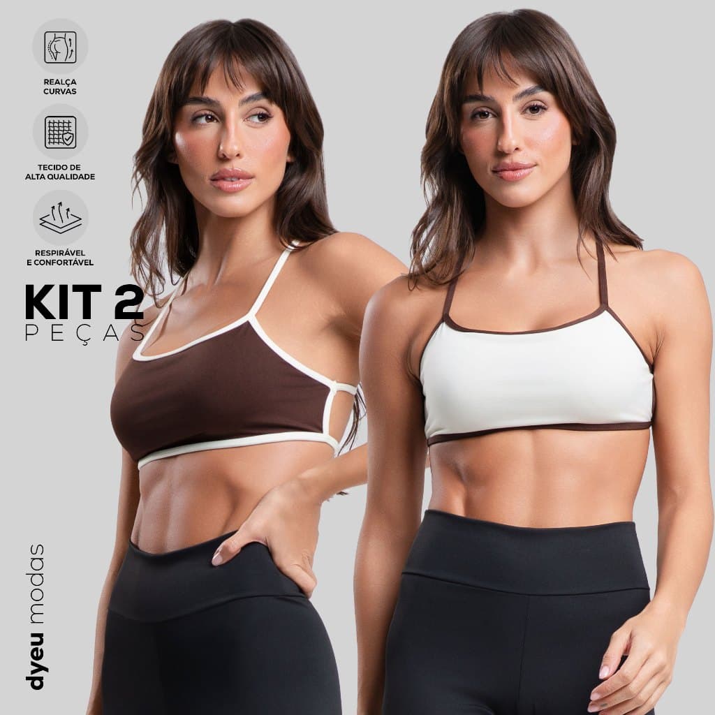 Kit 2 Tops Fitness Bicolor Alcinha Cruzado Costa Nua Feminino com Forro e Encaixe pra Bojo Academia