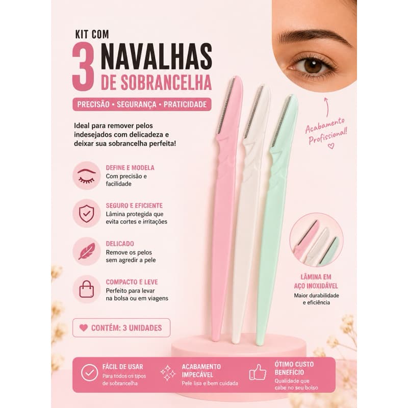 Kit com 3 navalhas de sobrancelha