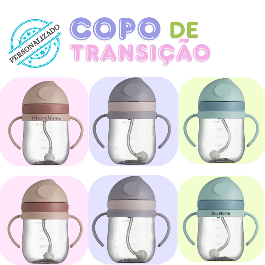 Copo Infantil Transição 350ml Personalizado Nome Canudo Anti Vazamento Alça