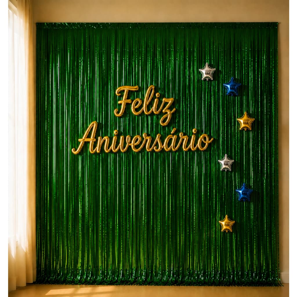 Kit Decoração Copa Brasil, 2 Cortinas, Feliz Aniversário, 6 balões estrelas, comemorações