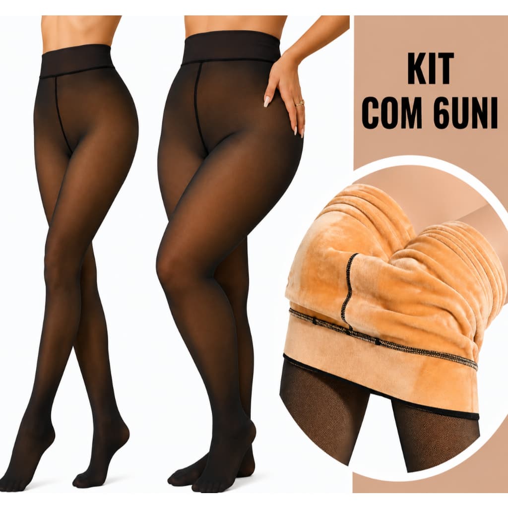 kit 6 Meia Calça Térmica Forrada Peluciada Translúcida de Lã Feminina Super Elástica Slim
