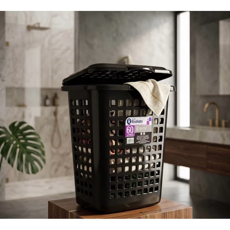 Cesto de Roupa Suja 60 Litros Telado Preto Resistente Lavanderia Com Tampa