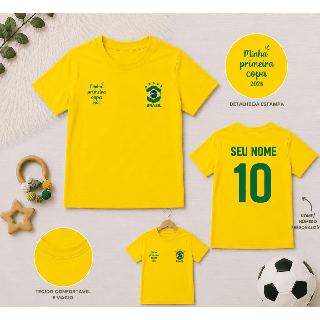 Camiseta amarela, azul royal, branca Camiseta algodão infantil do brasil torcedor minha primeira copa