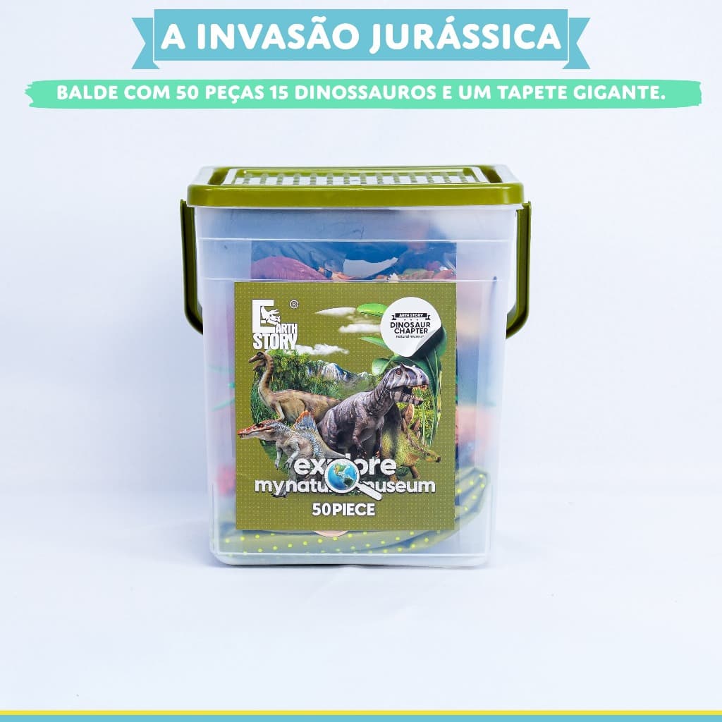 Kit Brinquedo Dinossauro Balde 50 Peças Tapete Gigante Articulado Infantil Menino MSP Kids