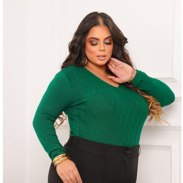 Blusa Plussize Gola V Feminina Premium Outono Inverno Manga Longa Detalhes Elegante