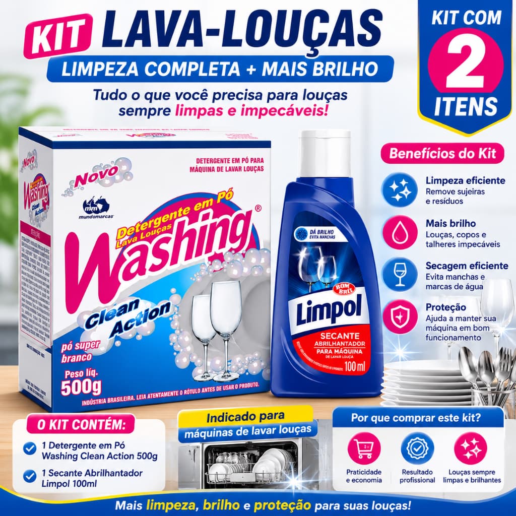 Detergente Em Pó Lava Louças Washing em Pó Clean Action 500G + 1 Secante Limpol 100ml (2 itens)