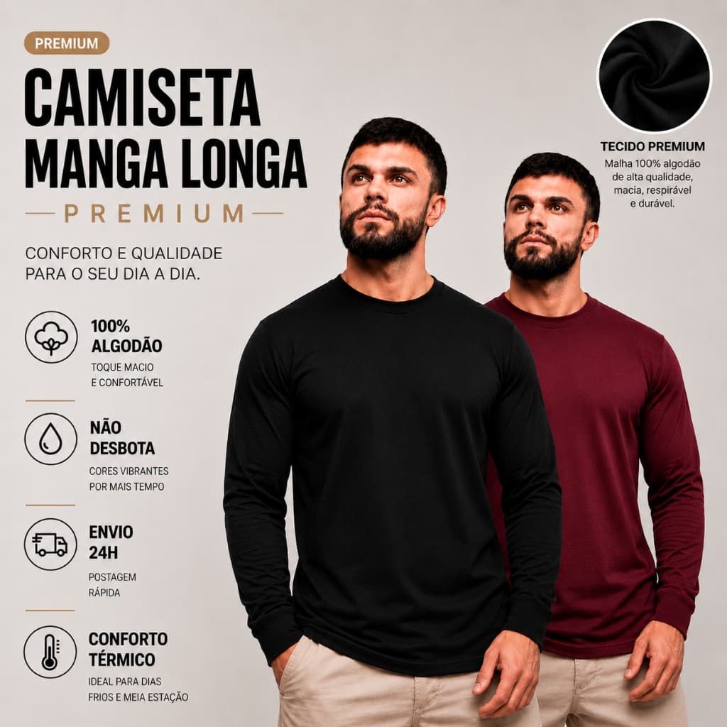 kit 2 Camisetas Manga Longa Básica Com Punho 100% Algodão