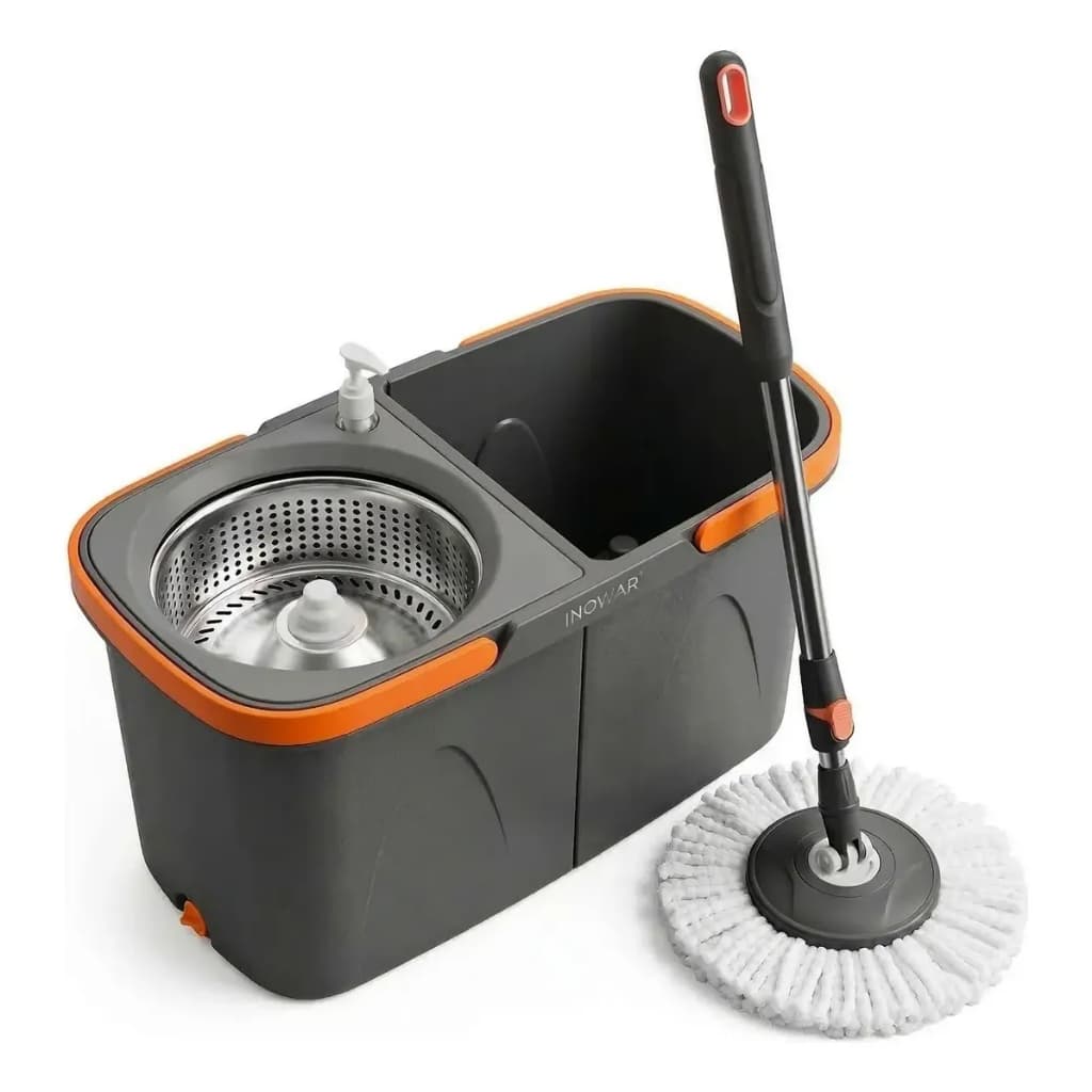 Mop giratório duplo duas águas rodinhas cesto inox esfregão cabo 130cm balde 13L refil fácil limpeza
