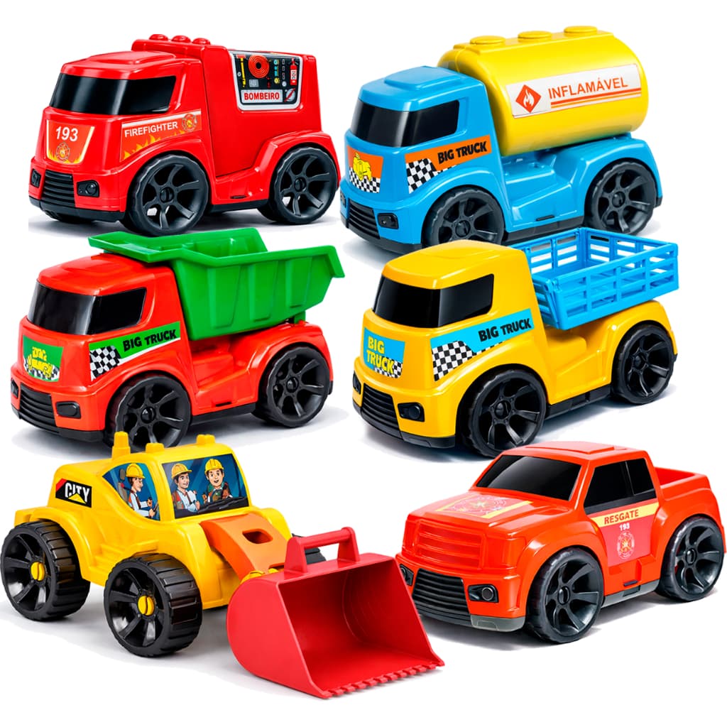 Kit 6 Caminhões de Brinquedo Bombeiro Resgate Militar Caçamba Carroceria Trator Menino