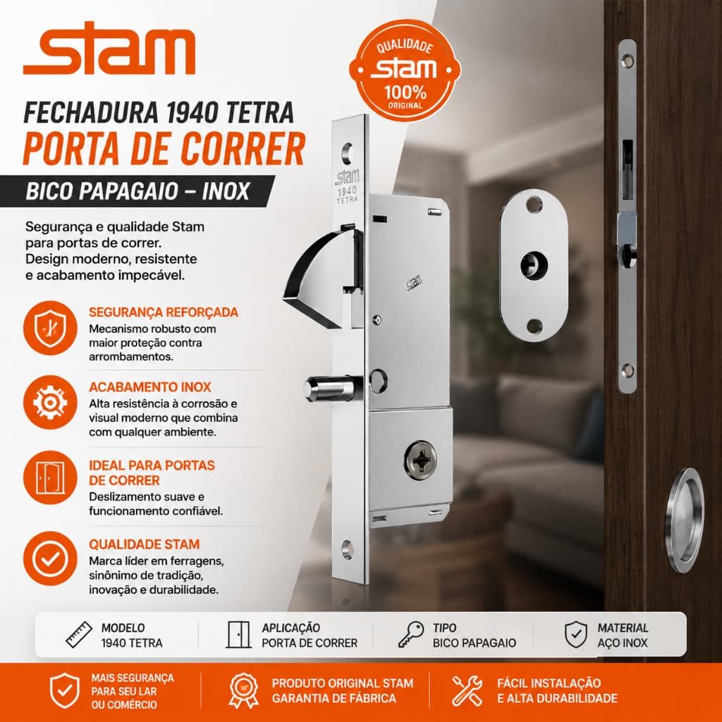 Fechadura 1940 Tetra Porta De Correr Bico Papagaio Inox Stam