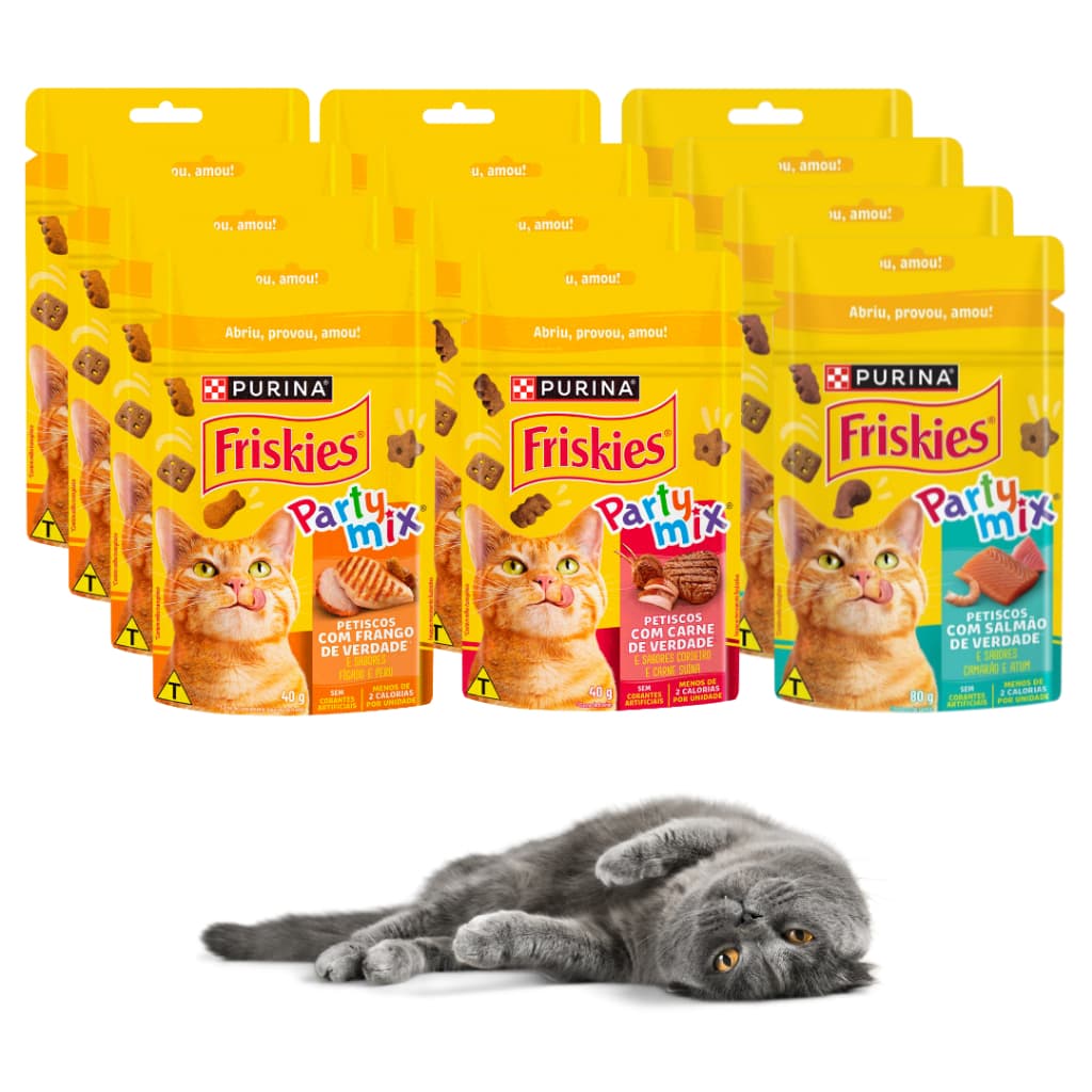 Kit Com 12 Un Petisco Friskies Purina Party mix 40g Para Gato Adultos Sênior Filhote Todos Tamanhos