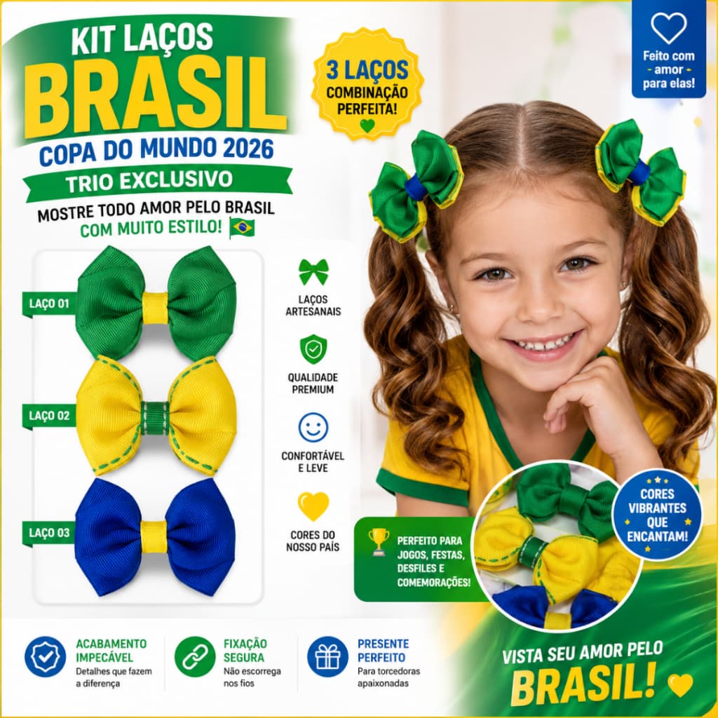 Kit 3 Laços Copa do Mundo 2026 Brasil Infantil Menina Torcida Brasileira Laço Artesanal Verde Amarelo
