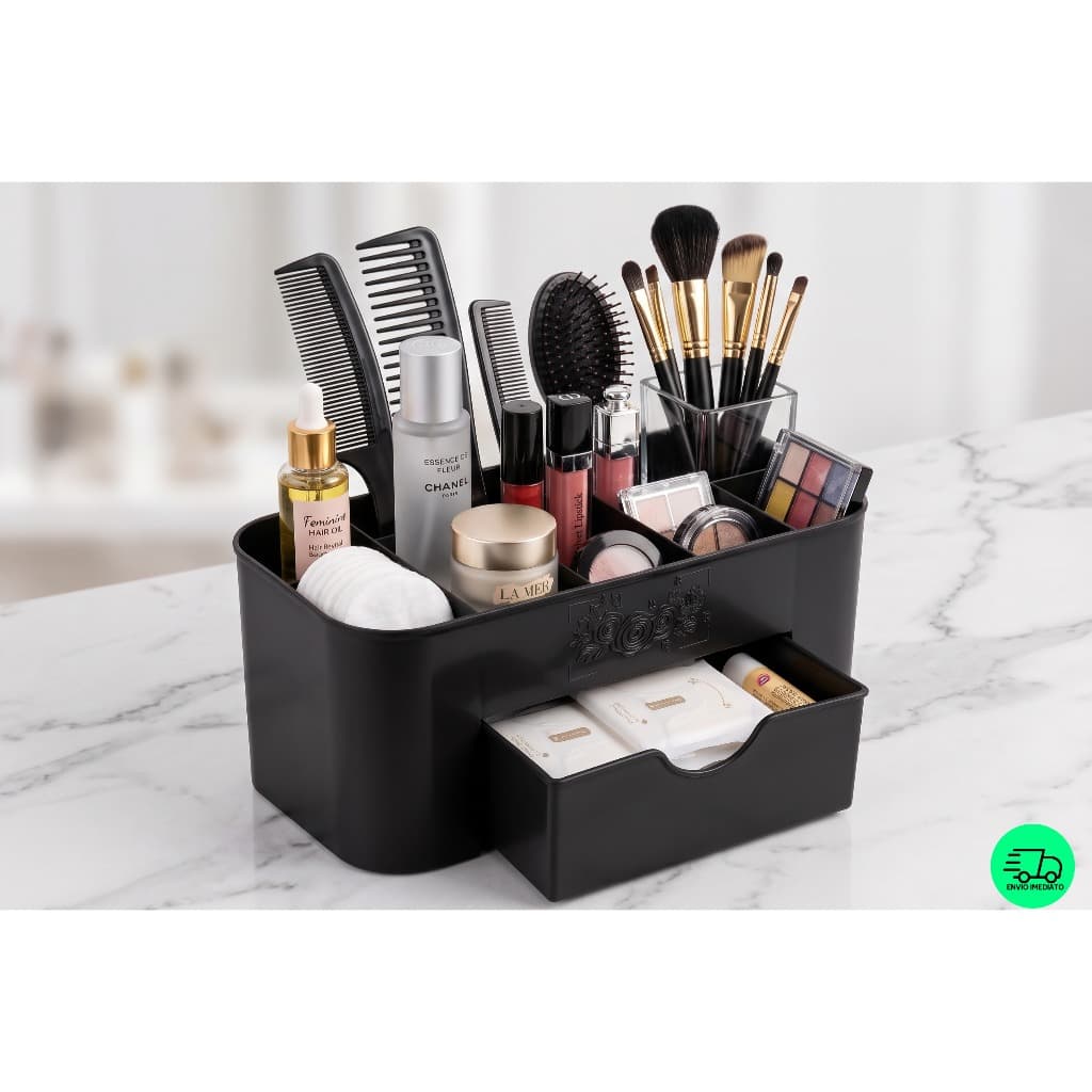 Organizador De Maquiagem E Cosméticos Com Gavetinha Suporte Porta Escovas E Acessórios Detalhe Flor Relevo