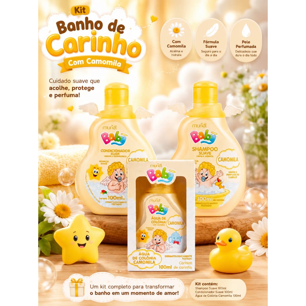 Kit 3 unid Shampoo Condicionador Colônia Higiene Bebê Muriel Baby Camomila