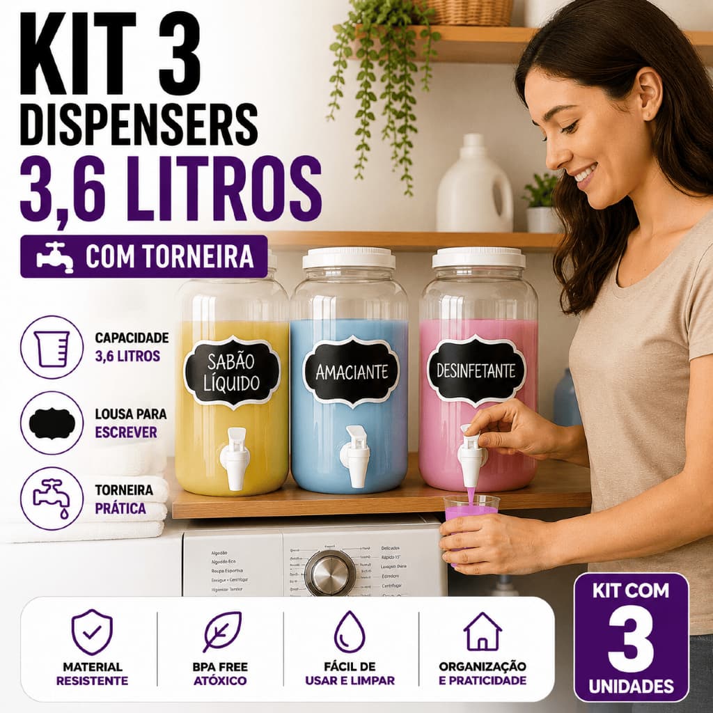Conjunto 3 Porta Amaciante Sabão Liquido 3,6 Litros Com Tampa e Torneira Limpeza Amaciante
