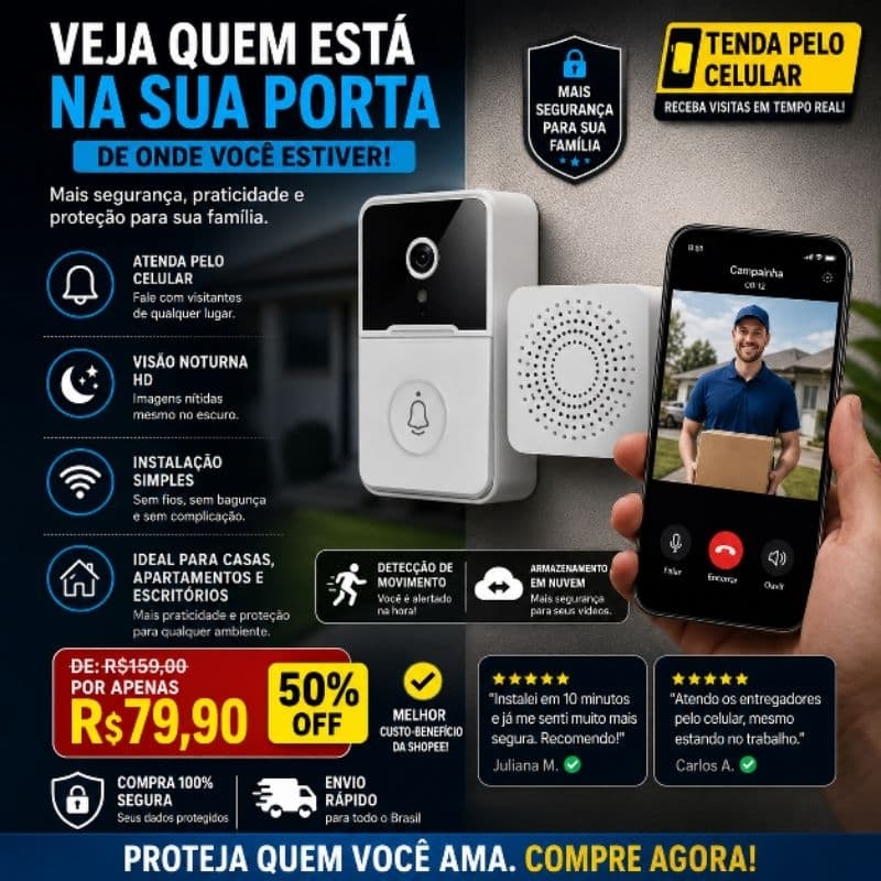 Campainha Inteligente WiFi Sem Fio com Câmera HD | Vídeo Porteiro | Áudio 2 Vias | Alerta de Movimento | Segurança 24h