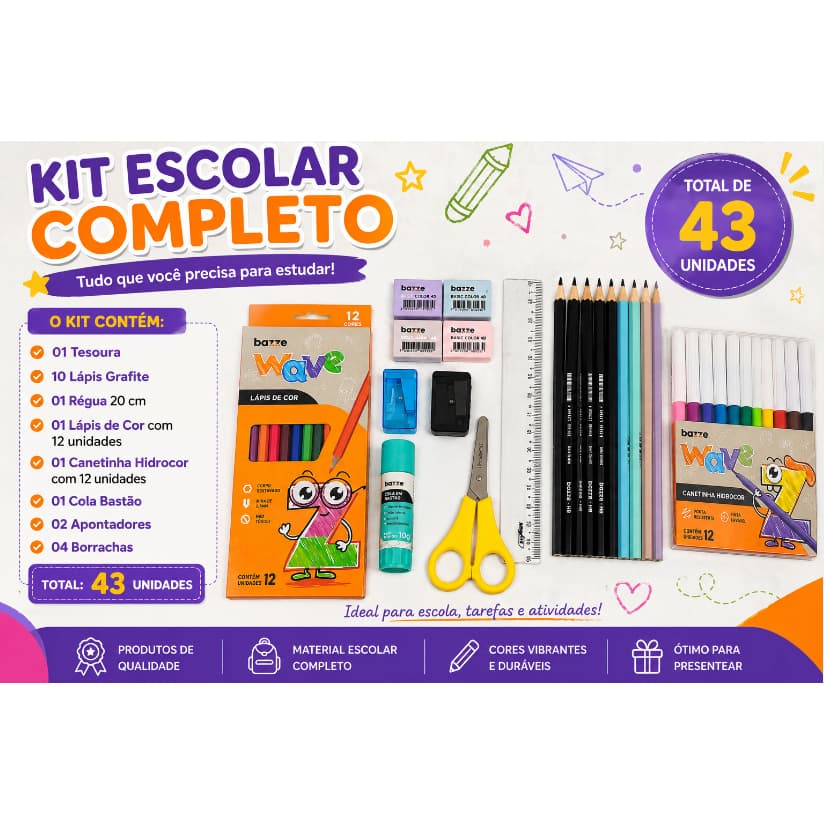 Kit Escolar Volta Às Aulas Completo 43 Itens Papelaria Infantil Menino Menina Kit Estudante Básico
