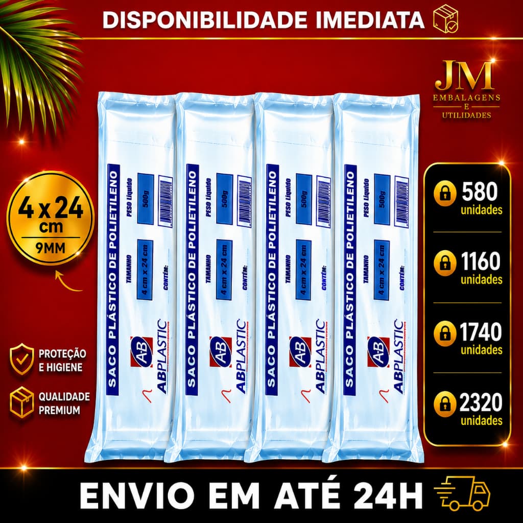 Saquinho Transparente 9mm 4x24 (Grosso) - Embalagem para Geladinho/Geladão - Escolha a Quantidade | ABPlastic