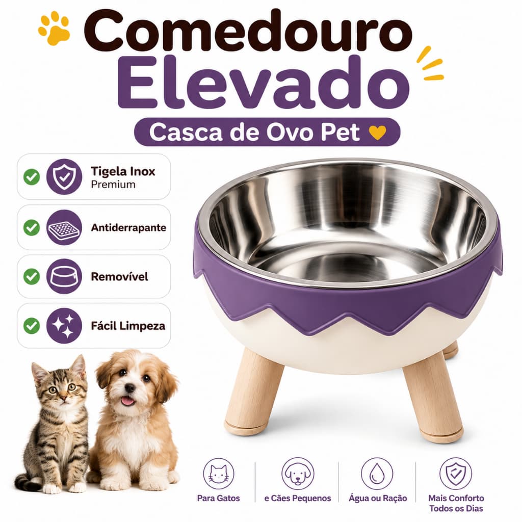 Comedouro Elevado Pet Casca de Ovo Inox Removível Antiderrapante para Gatos e Cães Pequenos