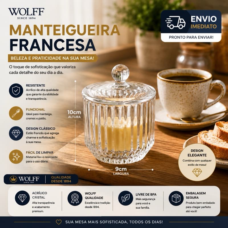 Manteigueira Francesa Vidro Cristal Ecologico 10x9,5cm Cafe Mesa Posta Imperatriz Wolff Original