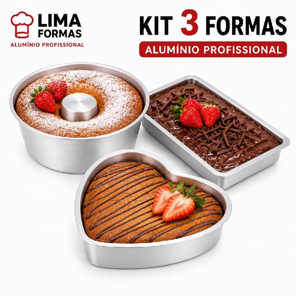 Kit 3 Formas de Bolo Alumínio Reforçado, Forma Vulcão/Pudim + Forma Coração Suíça + Forma Retangular