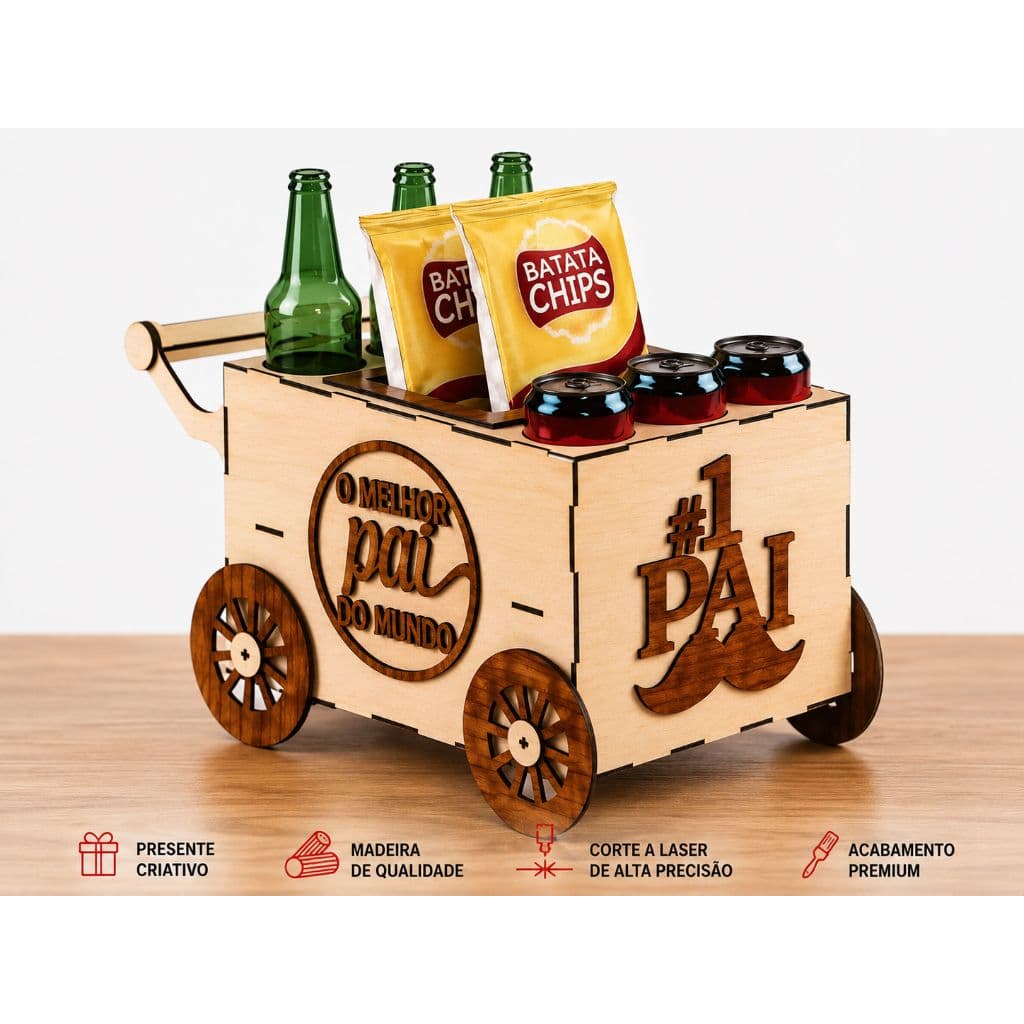 Carrinho cesta De Petiscos Cerveja Lata ou long neck Dia Dos Pais Em Mdf Cru
