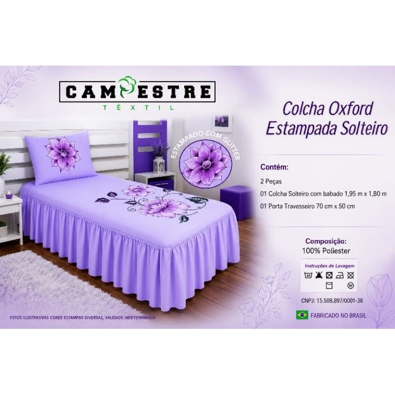 Colcha Solteiro Oxford com Babado Estampada Várias Cores