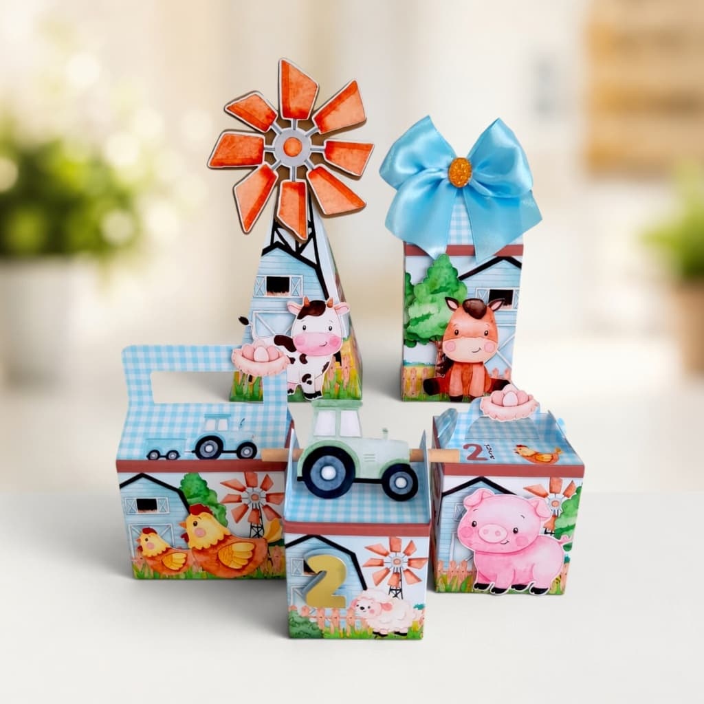 Kit Caixinhas Semi Luxo Fazendinha Azul Lembrancinha Festa Aniversário Personalizados