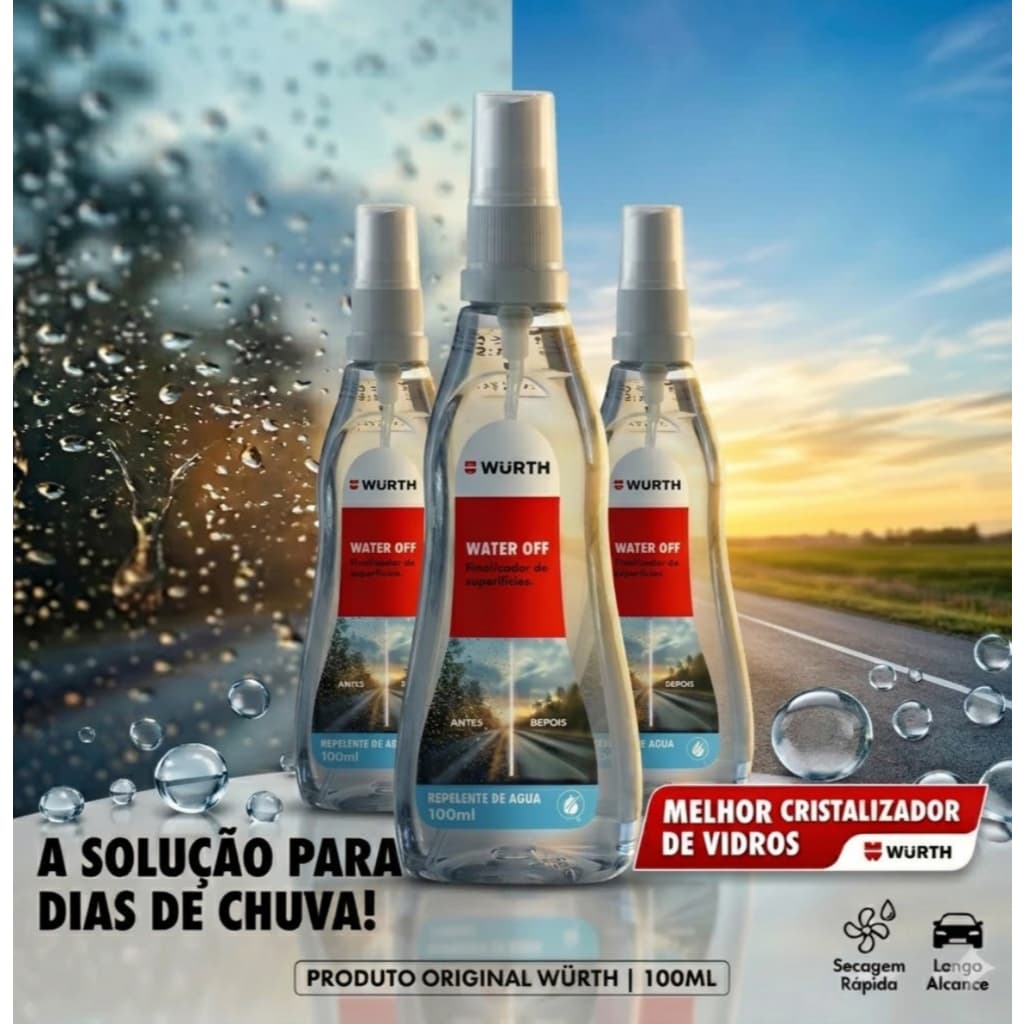 KIT 3 CRISTALIZADOR E FINALIDOR DE PARA-BRISAS E VIDROS EM GERAL 100ml WATER OFF WURTH