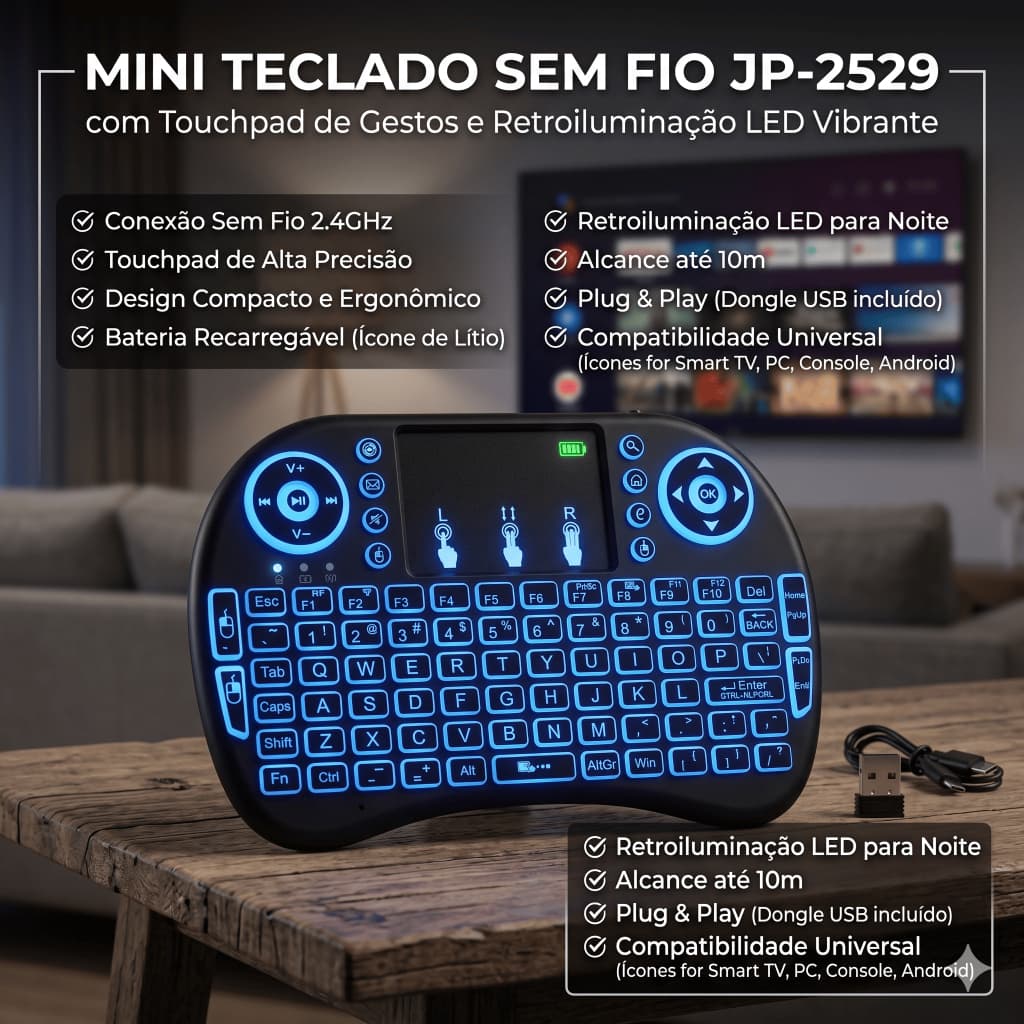 Mini Teclado Sem Fio com Touchpad e Retroiluminação LED