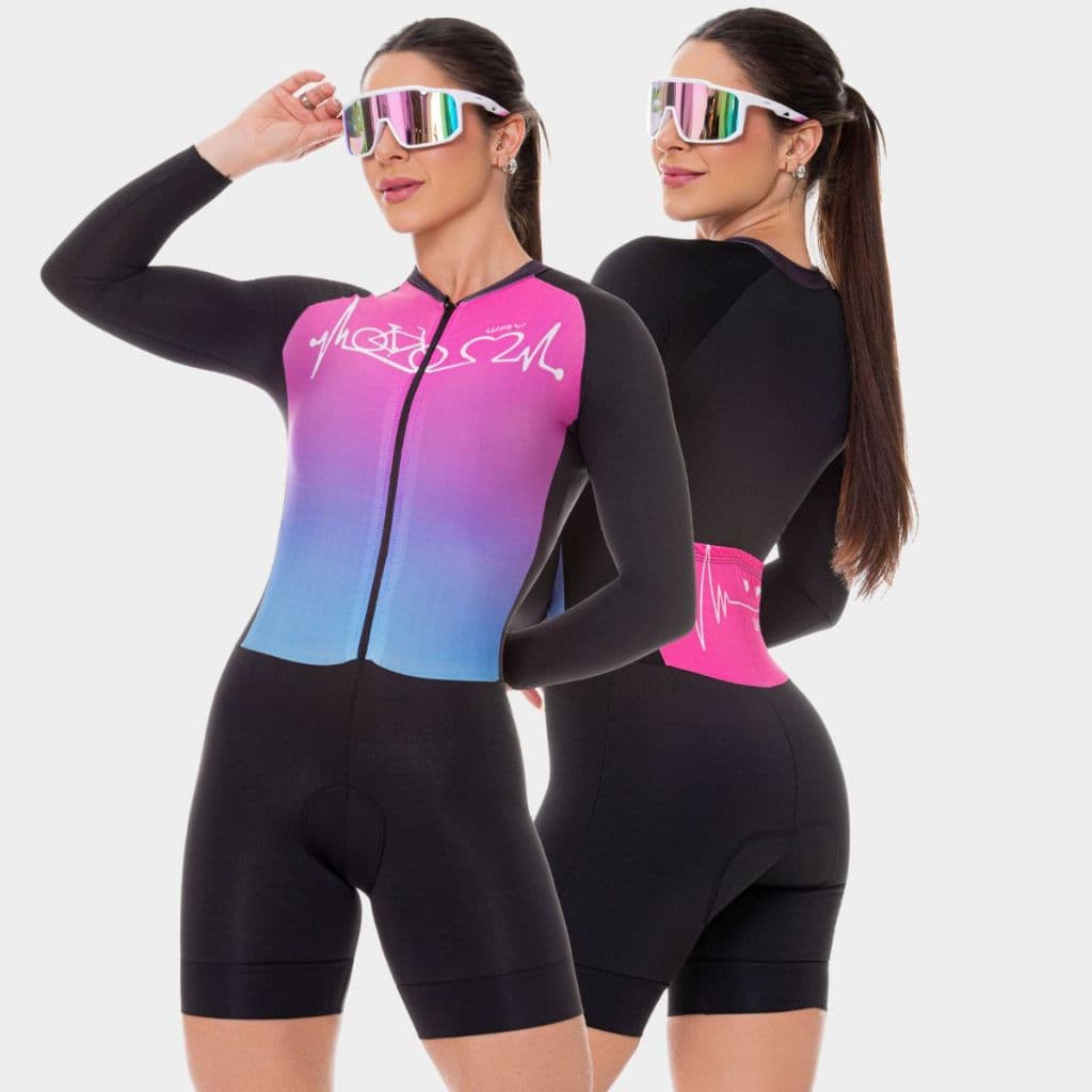 Macaquinho de Ciclismo Feminino Macacão Forro Espuma Acolchoado Manga Longa Roupa Bike Pedal Mtb