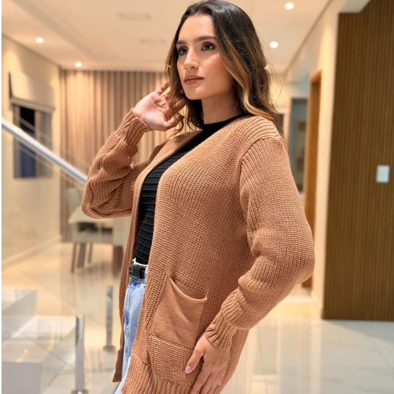 Cardigan Feminino Tricot com Bolsos Confortável Poliéster Veste 38 ao 42 - Casual Elegante