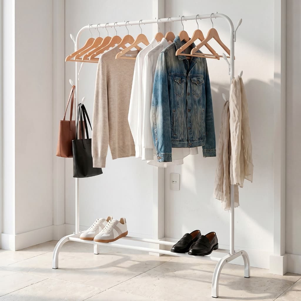 Arara De Roupas Cabideiro De Chão Com Sapateira Organizador Para Quarto Multiuso Moderno