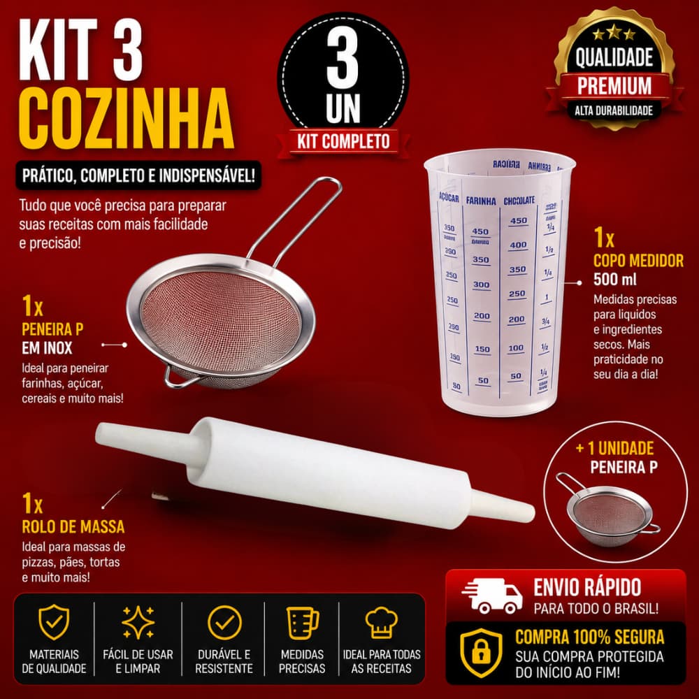 Kit 3 Sendo 1 Rolo de Massa+ Peneira P em inox+ Copo Medidor de 500 ml e 1 Unidade de Peneira P