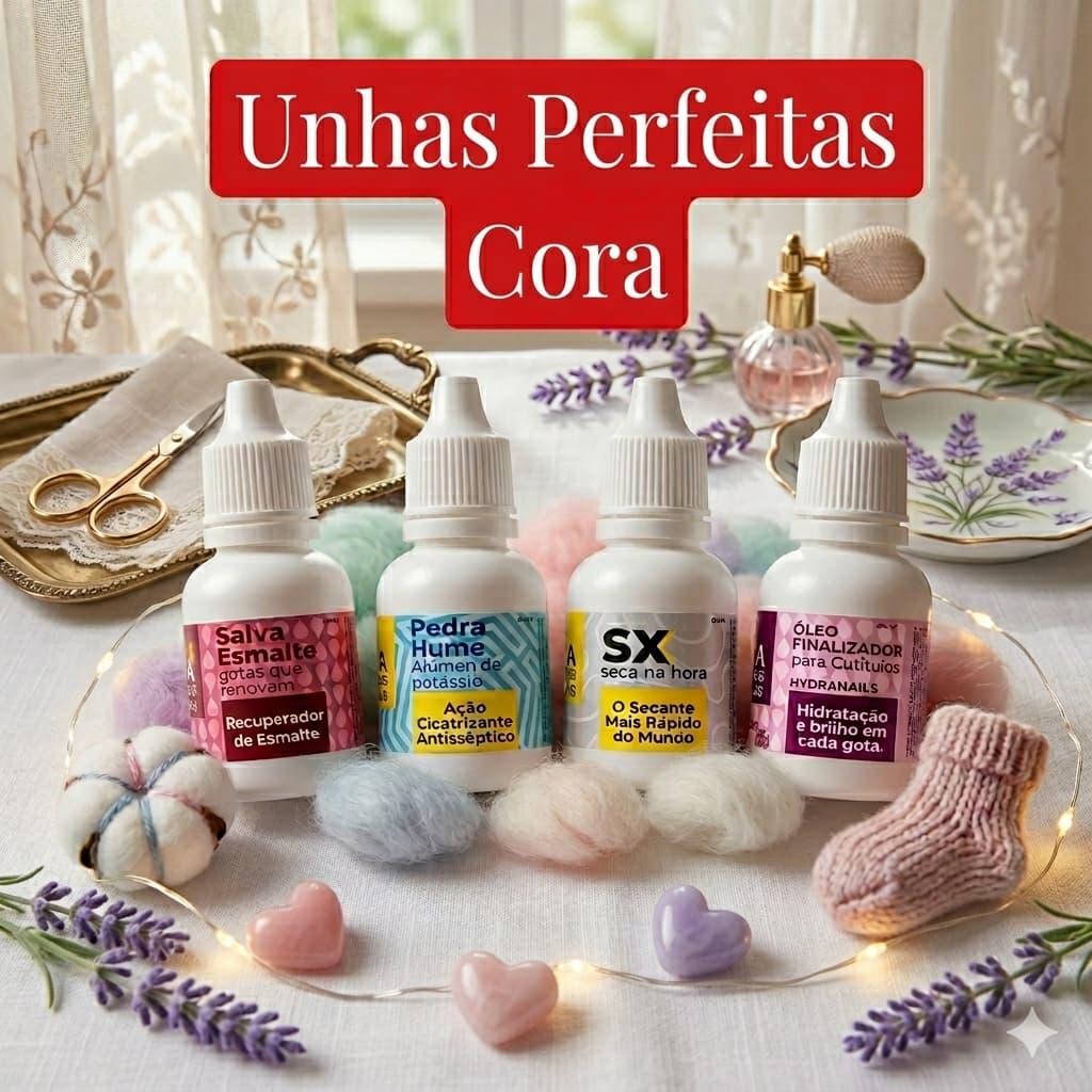 Kit Cuidados Em Gotas Cora : Pedra Hume+ Salva Esmalte+ SX Secante +Óleo Finalizador para Cutícula – Rosa Mosqueta