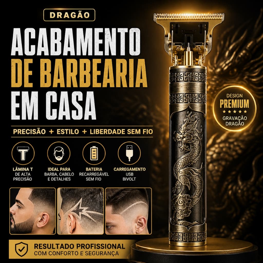 Aparador de Cabelo e Barba Sem Fio Máquina Profissional Dragão Recarregável USB Bivolt