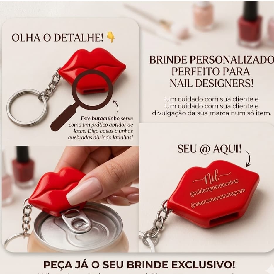 Chaveiro Abridor de Latas Personalizado Salva-Unhas | Brinde para Nail Designer, Salão de Beleza e Clientes