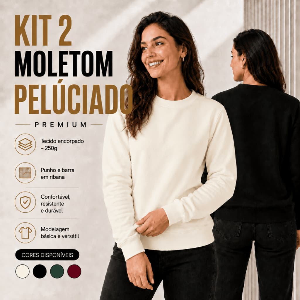 Kit 2 Blusa Moletom Feminino Peluciado Básico Liso Gola Careca