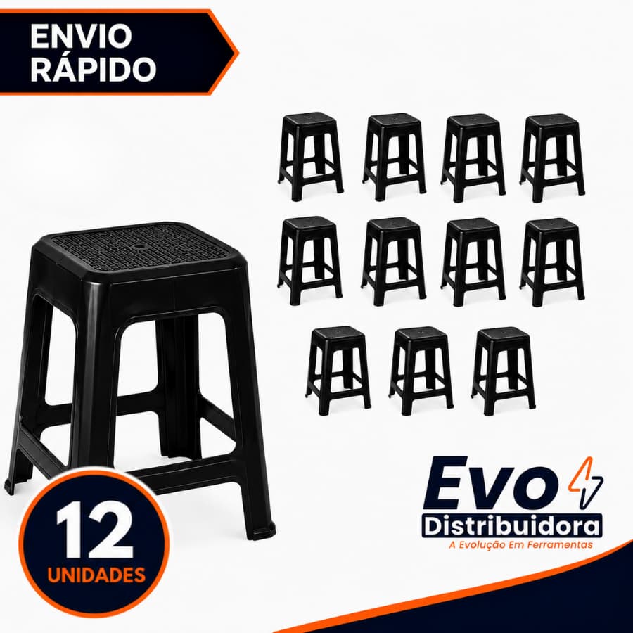 Kit 12 Unidades Banqueta Preta De Plástico Resistente Reforçada Adulto Suporta Até 120kg