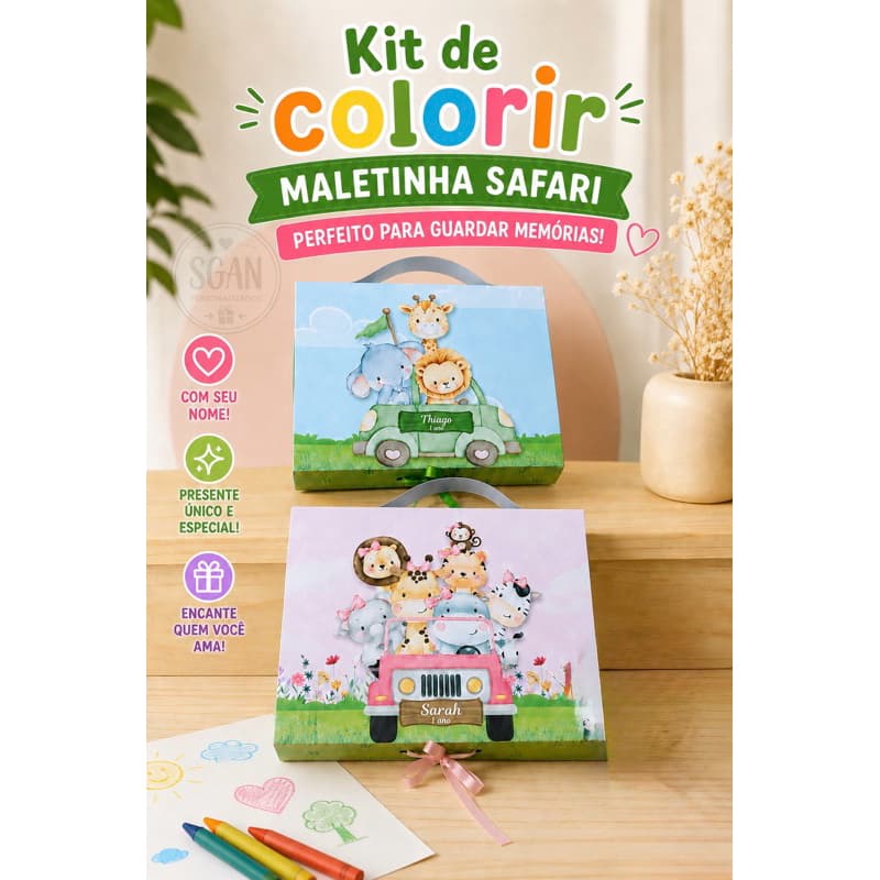 Kit de Colorir na Maletinha Safari Menino e Menina – Lembrancinha para Festa Infantil