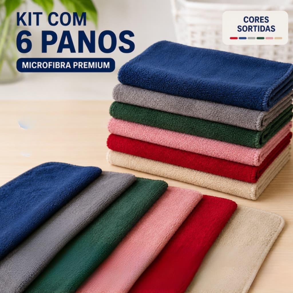 Kit 6 Panos de Limpeza Geral em Tecido Microfibra Felpuda Multiuso Super Absorvente