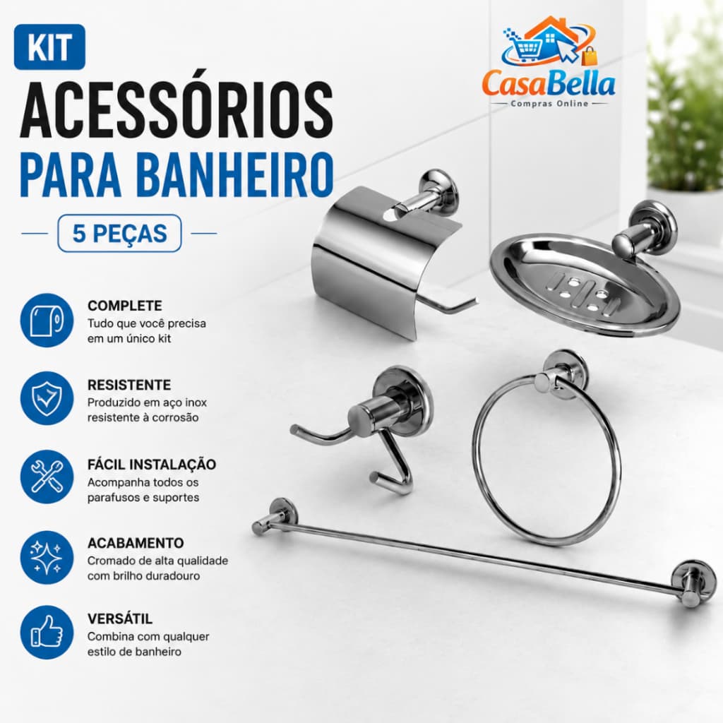 Kit Acessórios para Banheiro Luxo 5 Peças Aço Inox Premium